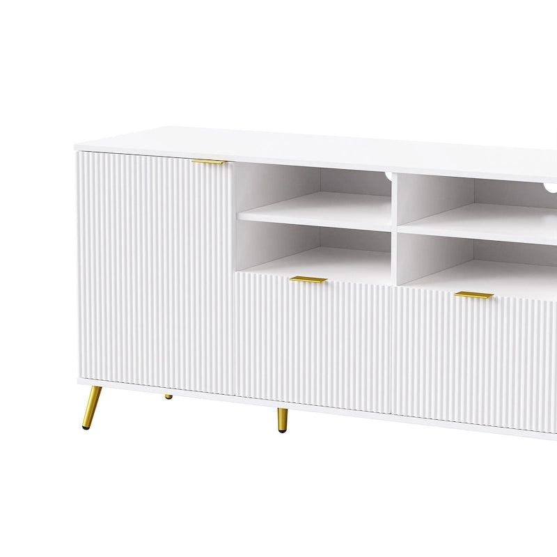 Meuble TV mural blanc de 112,5 pouces avec 13 étagères, 8 tiroirs et 2 placards pour téléviseurs jusqu'à 70 pouces.