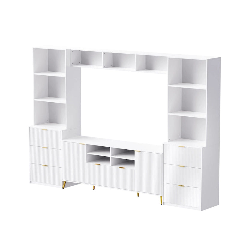 Meuble TV mural blanc de 112,5 pouces avec 13 étagères, 8 tiroirs et 2 placards pour téléviseurs jusqu'à 70 pouces.