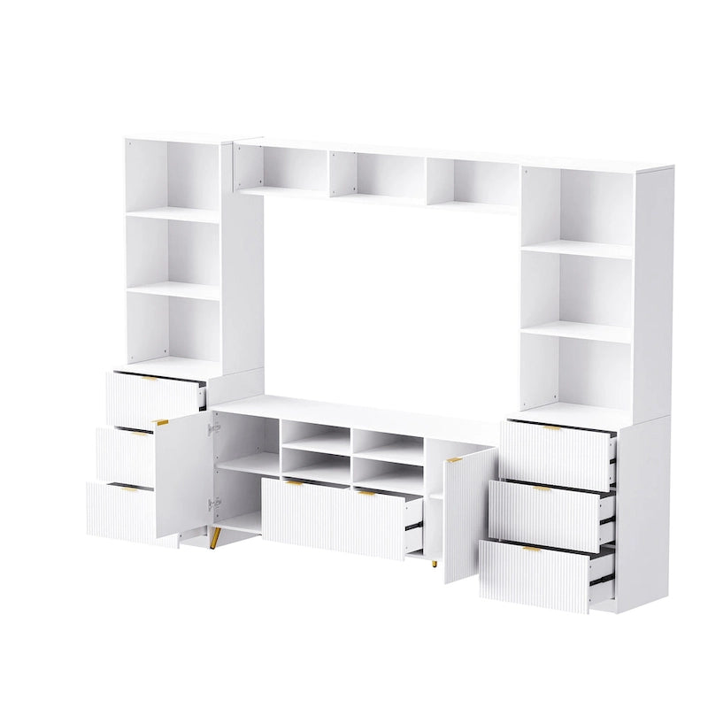 Meuble TV mural blanc de 112,5 pouces avec 13 étagères, 8 tiroirs et 2 placards pour téléviseurs jusqu'à 70 pouces.