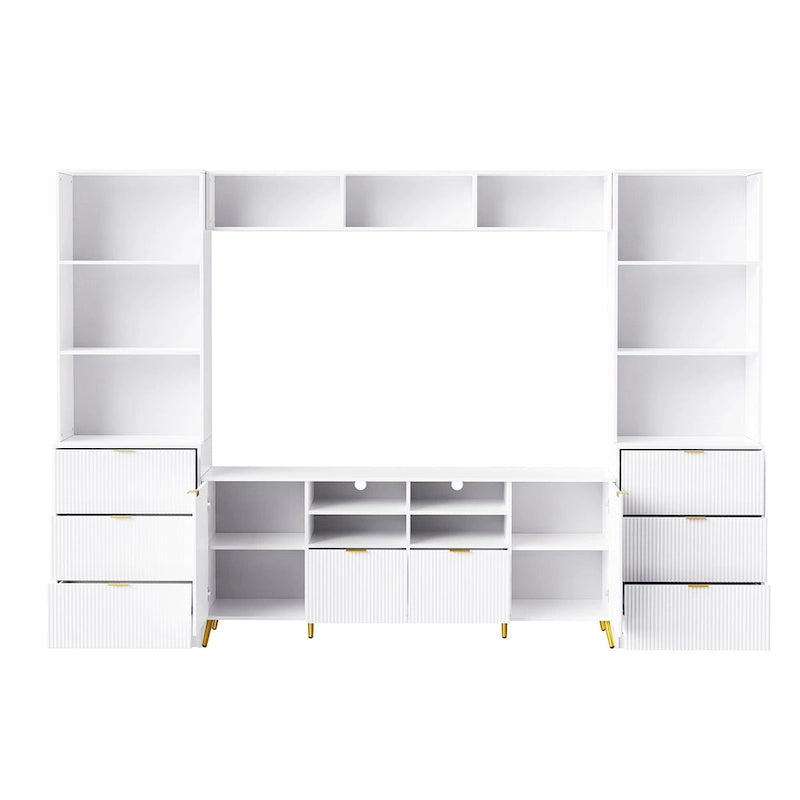 Meuble TV mural blanc de 112,5 pouces avec 13 étagères, 8 tiroirs et 2 placards pour téléviseurs jusqu'à 70 pouces.