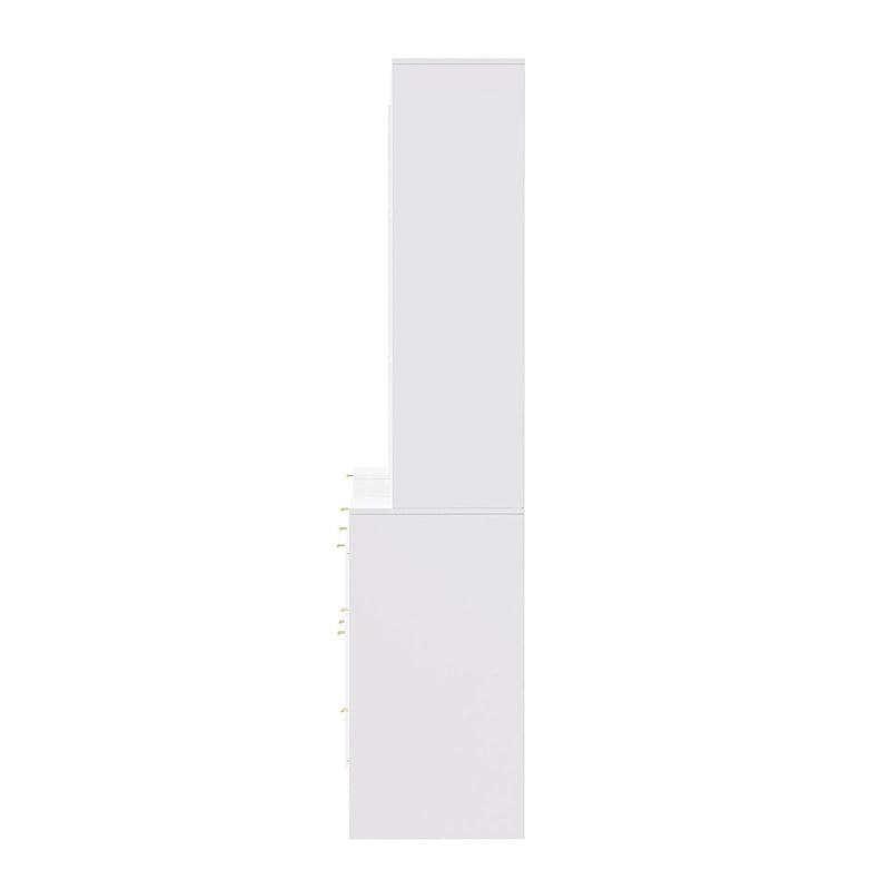 Meuble TV mural blanc de 112,5 pouces avec 13 étagères, 8 tiroirs et 2 placards pour téléviseurs jusqu'à 70 pouces.