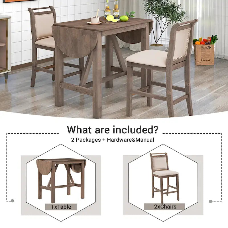 Ensemble de salle à manger rustique 3 pièces avec table à abattant et 2 chaises