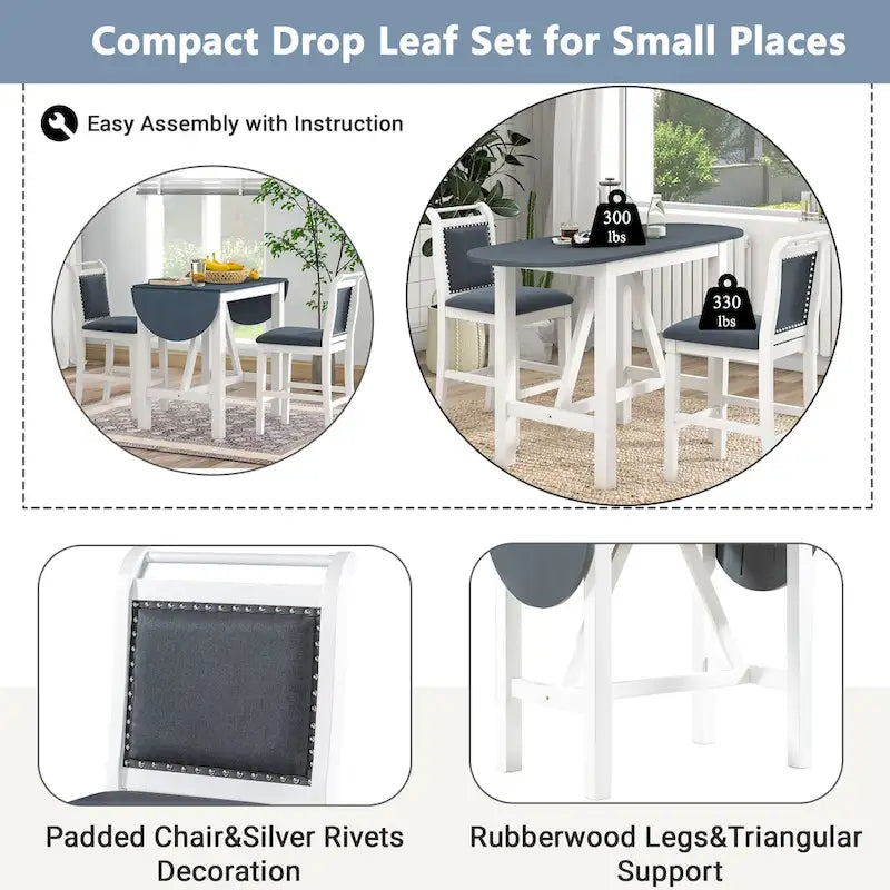 Ensemble de salle à manger rustique 3 pièces avec table à abattant et 2 chaises