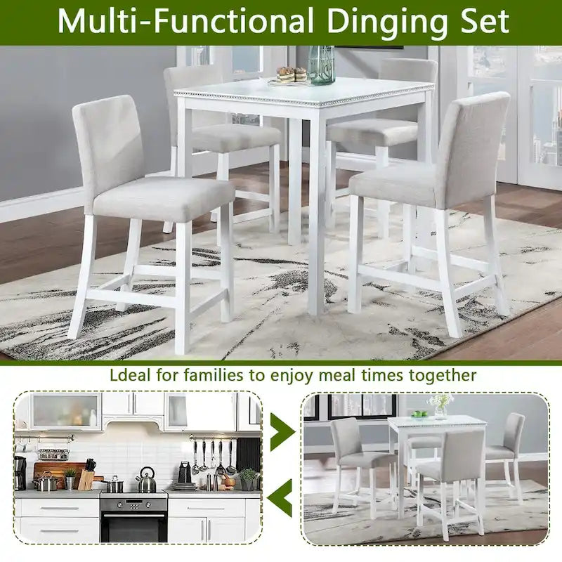Ensemble de salle à manger moderne 5 pièces avec table carrée haute et 4 chaises rembourrées