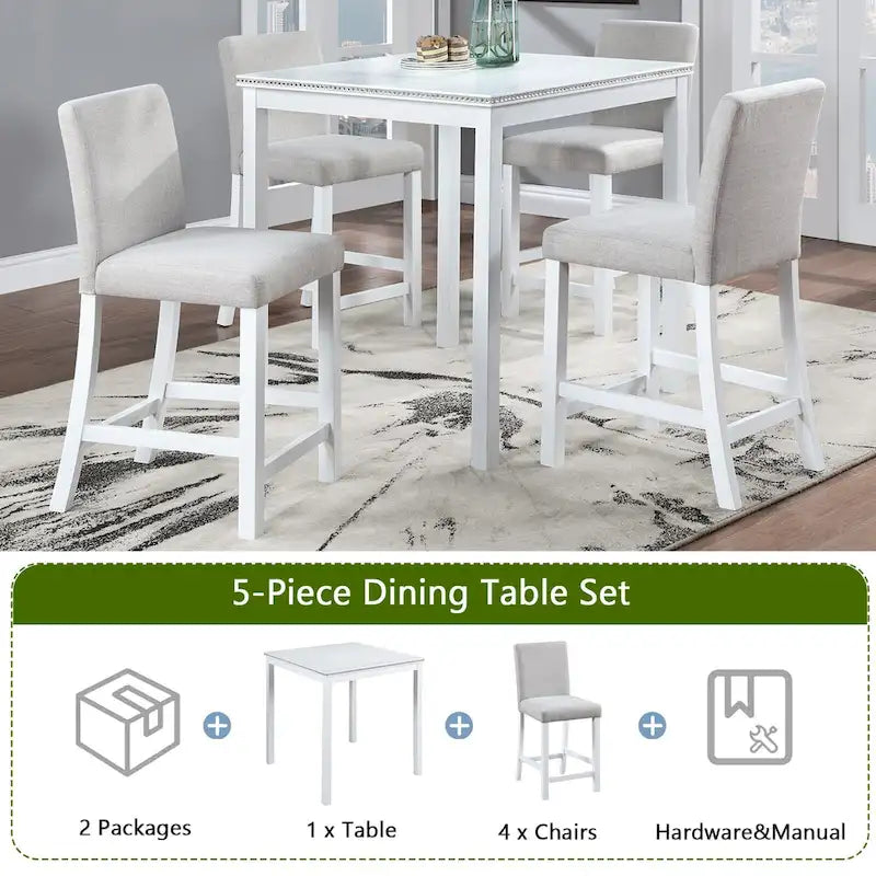 Ensemble de salle à manger moderne 5 pièces avec table carrée haute et 4 chaises rembourrées
