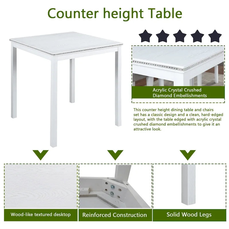 Ensemble de salle à manger moderne 5 pièces avec table carrée haute et 4 chaises rembourrées