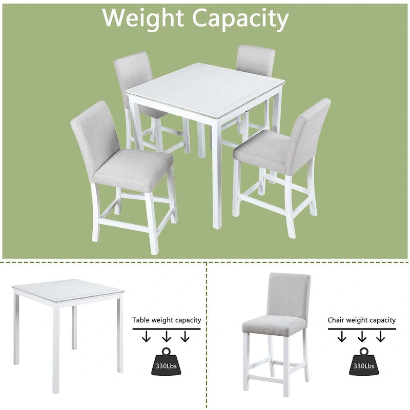 Ensemble de salle à manger moderne 5 pièces avec table carrée haute et 4 chaises rembourrées