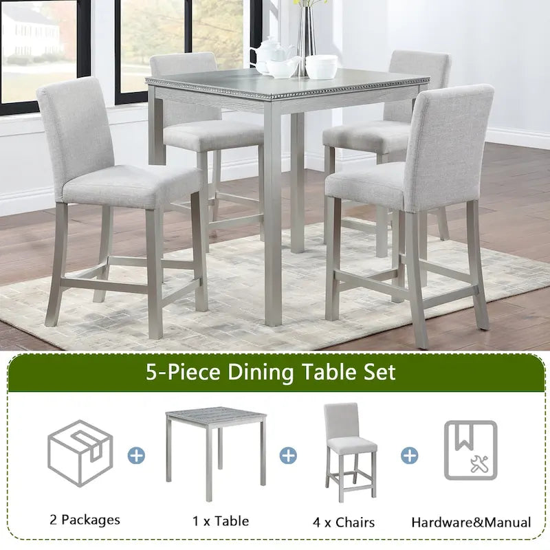 Ensemble de salle à manger moderne 5 pièces avec table carrée haute et 4 chaises rembourrées