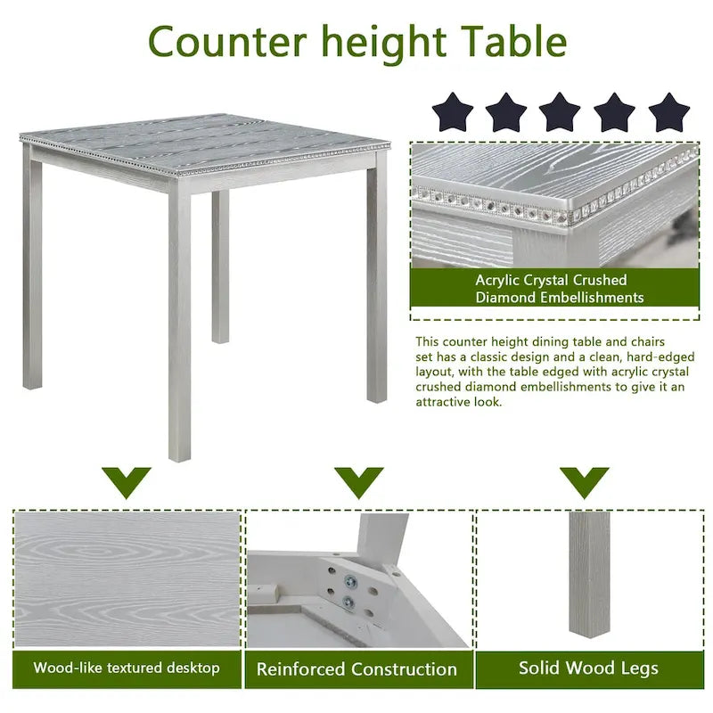 Ensemble de salle à manger moderne 5 pièces avec table carrée haute et 4 chaises rembourrées