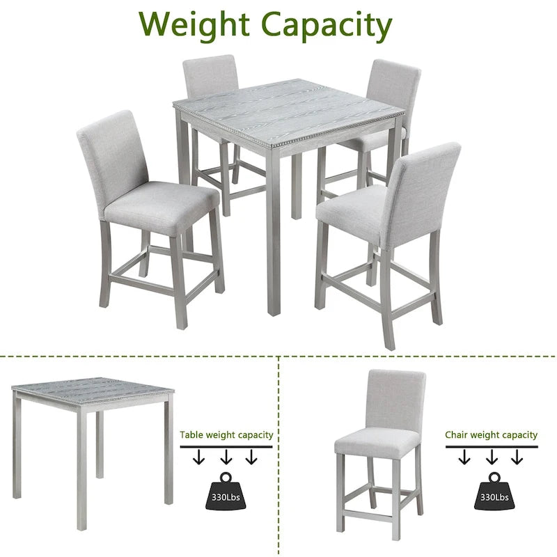 Ensemble de salle à manger moderne 5 pièces avec table carrée haute et 4 chaises rembourrées