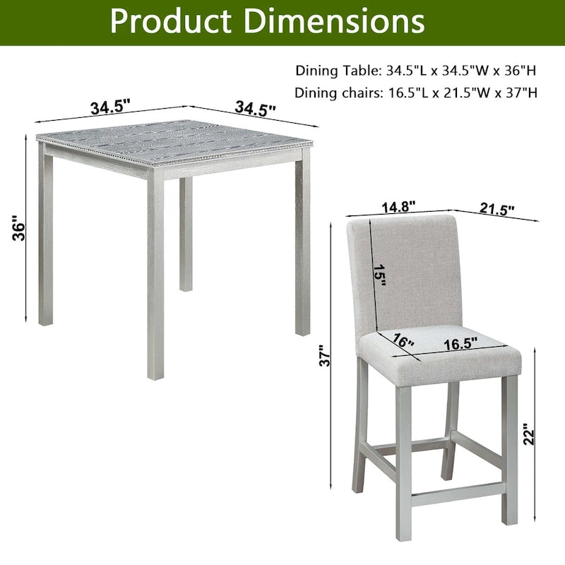 Ensemble de salle à manger moderne 5 pièces avec table carrée haute et 4 chaises rembourrées