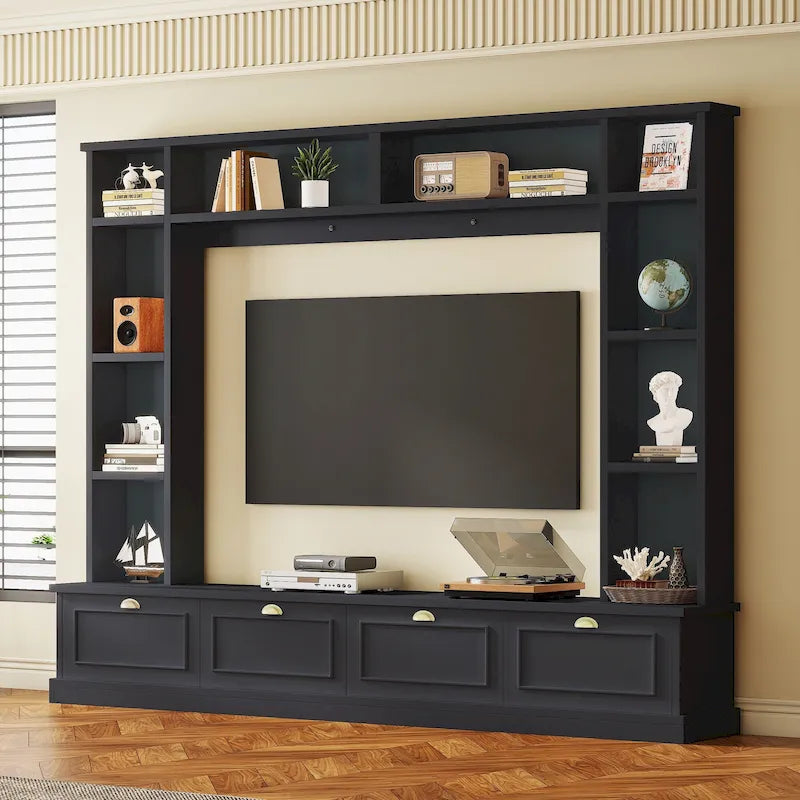 Meuble mural noir 104,2 cm avec étagères et placards pour téléviseurs jusqu'à 78 pouces.
