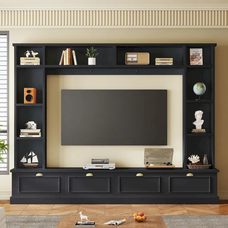 Meuble mural noir 104,2 cm avec étagères et placards pour téléviseurs jusqu'à 78 pouces.