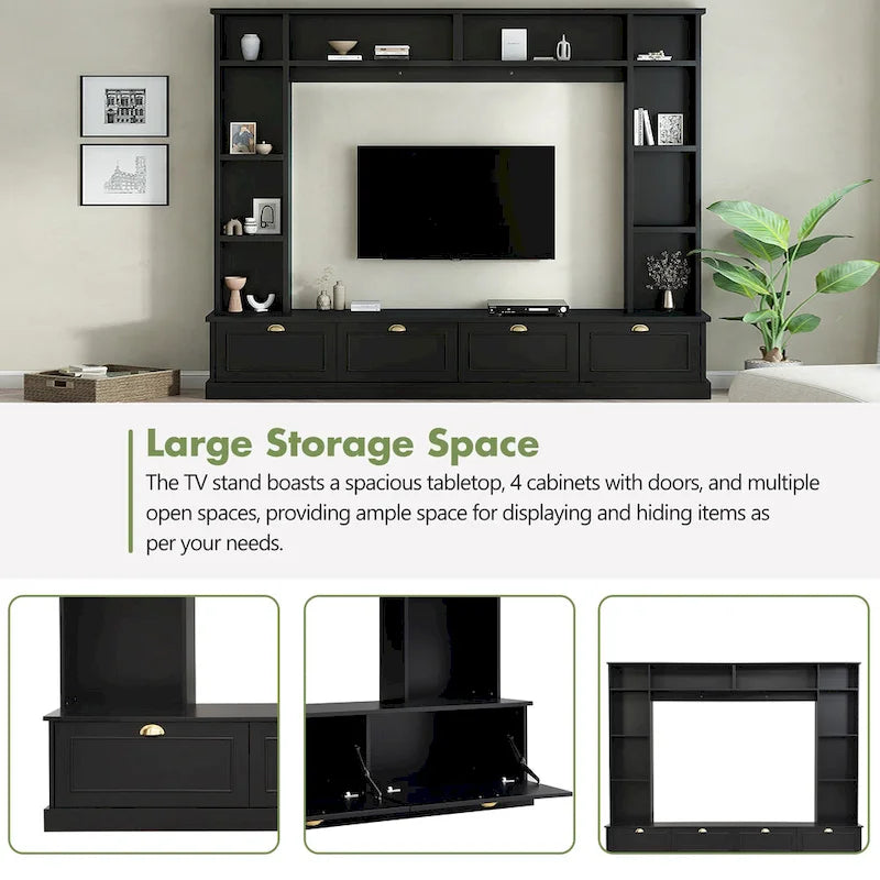 Meuble mural noir 104,2 cm avec étagères et placards pour téléviseurs jusqu'à 78 pouces.
