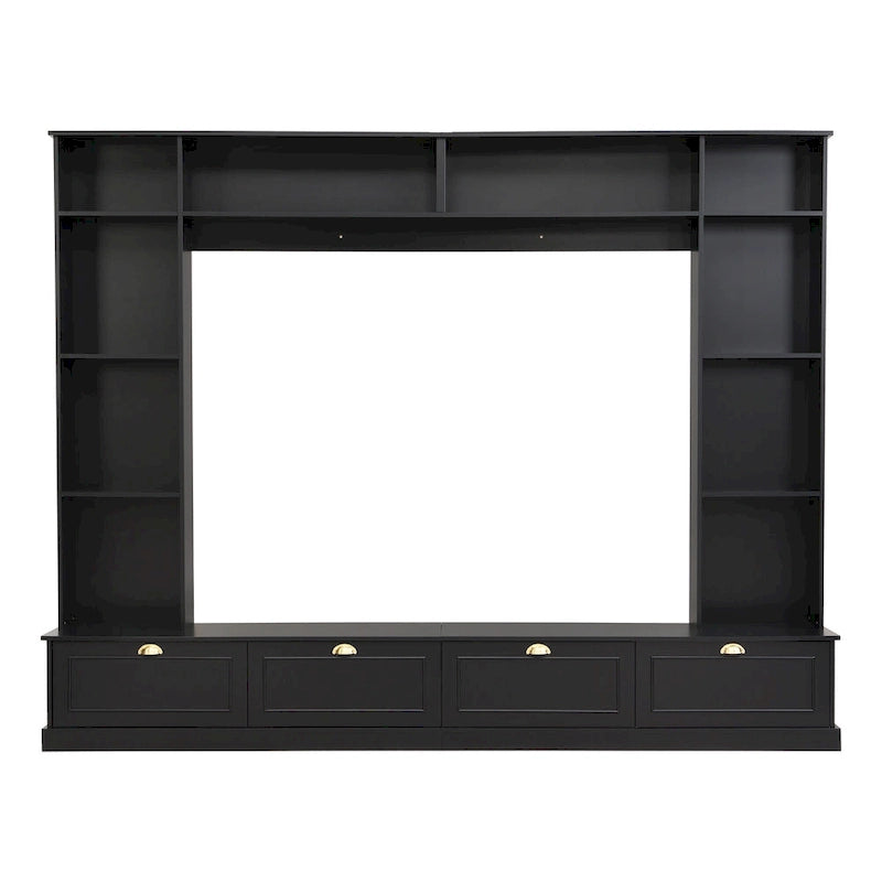 Meuble mural noir 104,2 cm avec étagères et placards pour téléviseurs jusqu'à 78 pouces.