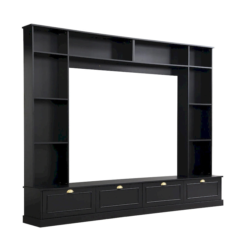 Meuble mural noir 104,2 cm avec étagères et placards pour téléviseurs jusqu'à 78 pouces.