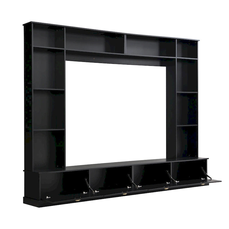 Meuble mural noir 104,2 cm avec étagères et placards pour téléviseurs jusqu'à 78 pouces.