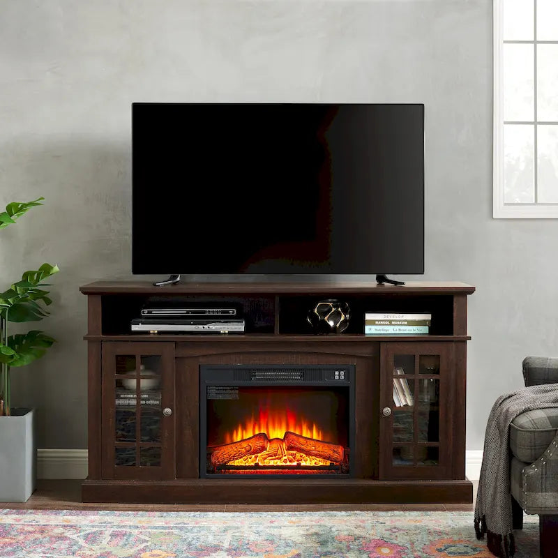 Meuble TV cheminée Espresso 58 avec rangements ouverts et fermés pour téléviseurs jusqu'à 65 pouces