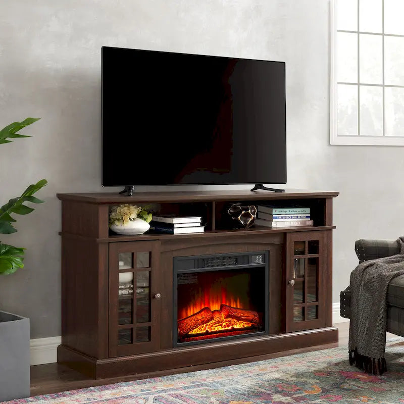 Meuble TV cheminée Espresso 58 avec rangements ouverts et fermés pour téléviseurs jusqu'à 65 pouces