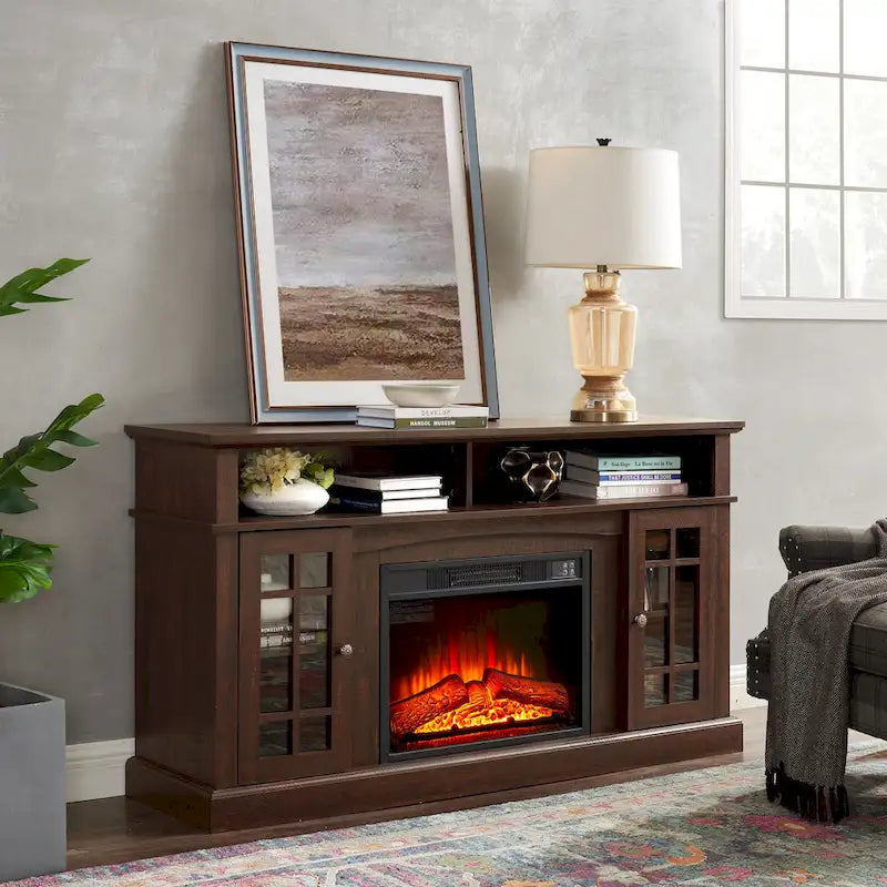Meuble TV cheminée Espresso 58 avec rangements ouverts et fermés pour téléviseurs jusqu'à 65 pouces