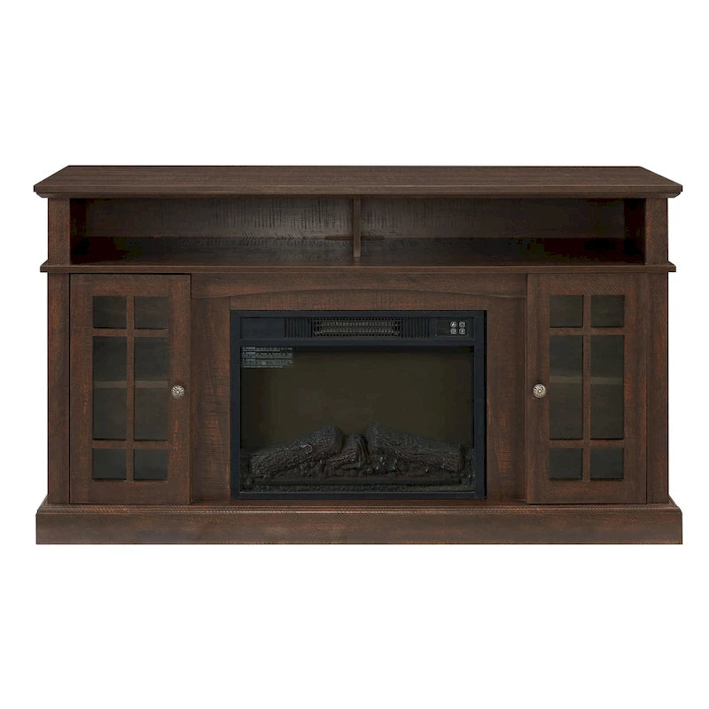 Meuble TV cheminée Espresso 58 avec rangements ouverts et fermés pour téléviseurs jusqu'à 65 pouces
