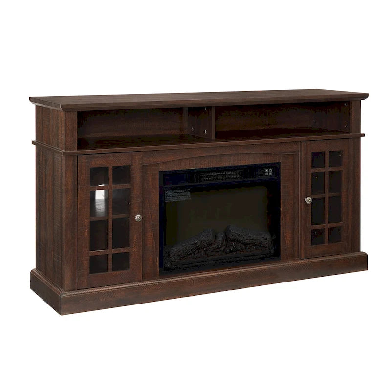 Meuble TV cheminée Espresso 58 avec rangements ouverts et fermés pour téléviseurs jusqu'à 65 pouces