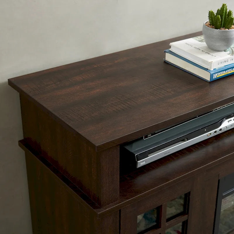 Meuble TV cheminée Espresso 58 avec rangements ouverts et fermés pour téléviseurs jusqu'à 65 pouces
