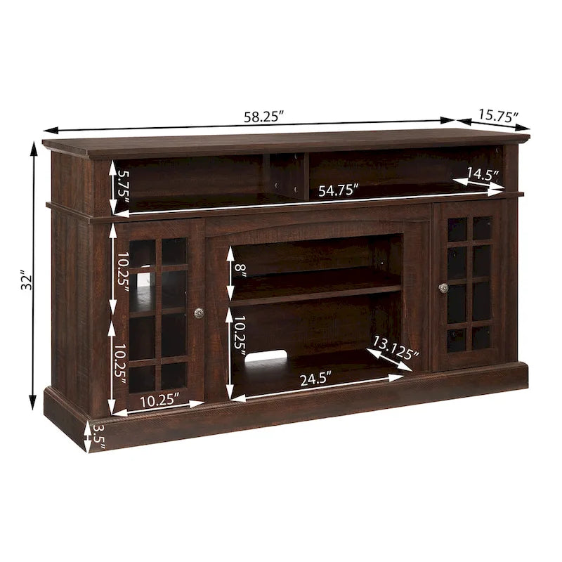 Meuble TV cheminée Espresso 58 avec rangements ouverts et fermés pour téléviseurs jusqu'à 65 pouces