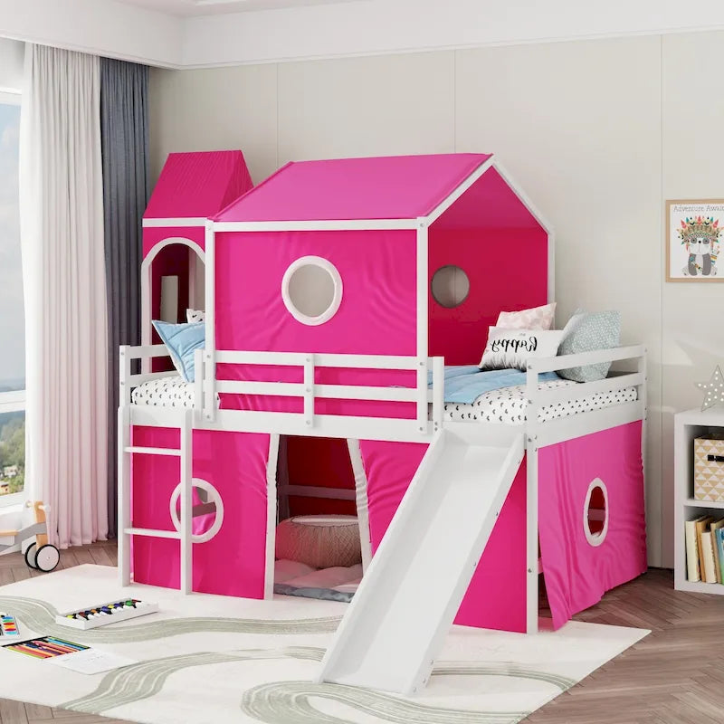 Lit mezzanine en bois massif avec toboggan, tour, échelle et barrière de sécurité pour chambre à coucher