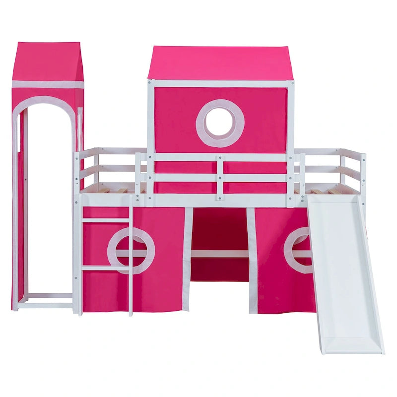 Lit mezzanine en bois massif avec toboggan, tour, échelle et barrière de sécurité pour chambre à coucher
