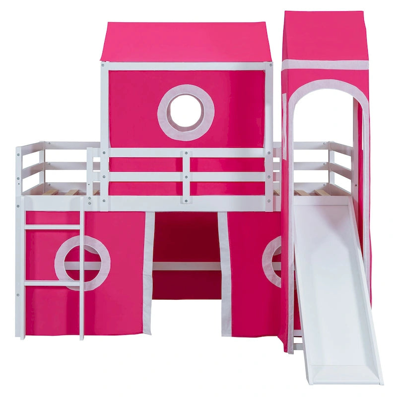 Lit mezzanine en bois massif avec toboggan, tour, échelle et barrière de sécurité pour chambre à coucher
