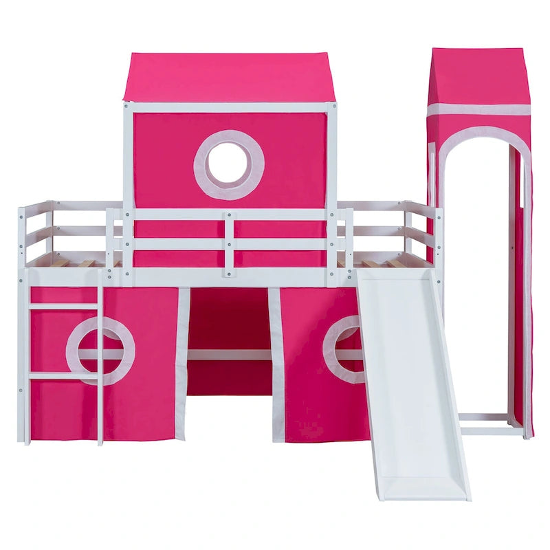 Lit mezzanine en bois massif avec toboggan, tour, échelle et barrière de sécurité pour chambre à coucher