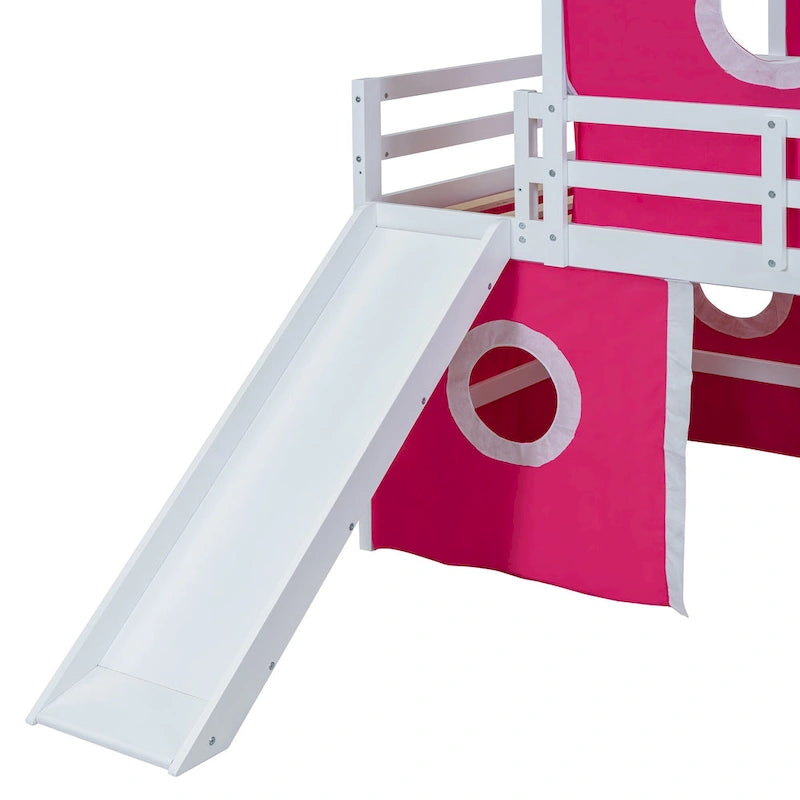Lit mezzanine en bois massif avec toboggan, tour, échelle et barrière de sécurité pour chambre à coucher
