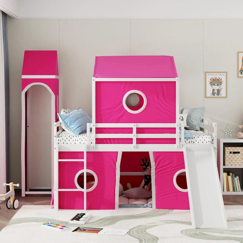 Lit mezzanine en bois massif avec toboggan, tour, échelle et barrière de sécurité pour chambre à coucher