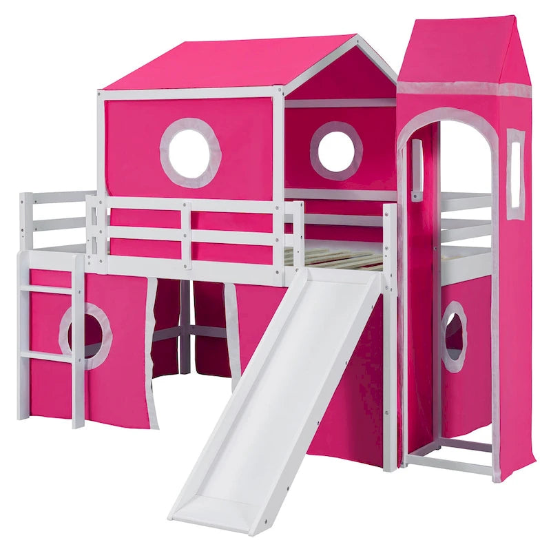 Lit mezzanine en bois massif avec toboggan, tour, échelle et barrière de sécurité pour chambre à coucher