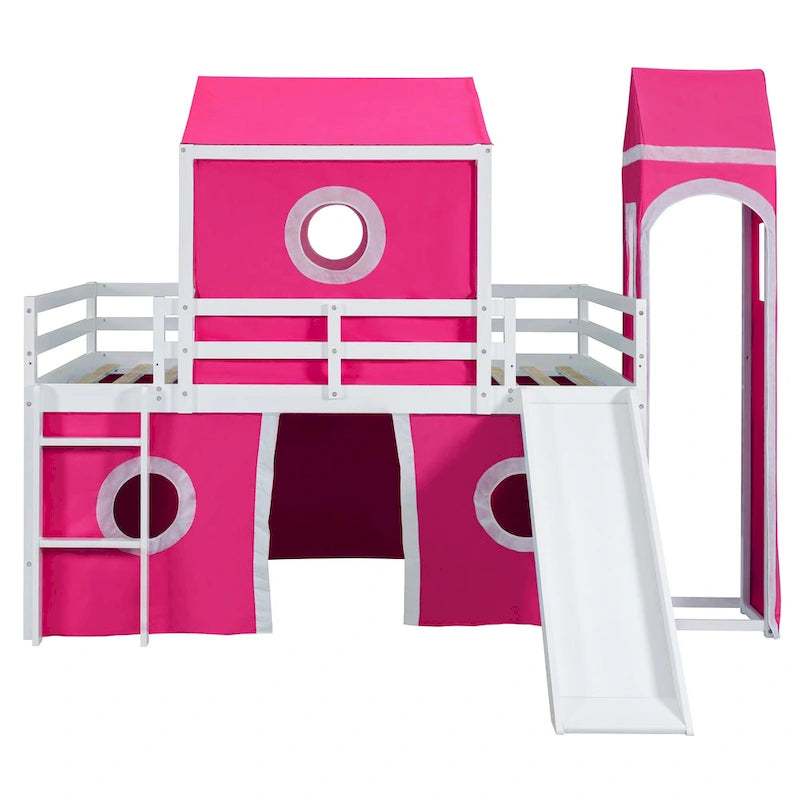 Lit mezzanine en bois massif avec toboggan, tour, échelle et barrière de sécurité pour chambre à coucher