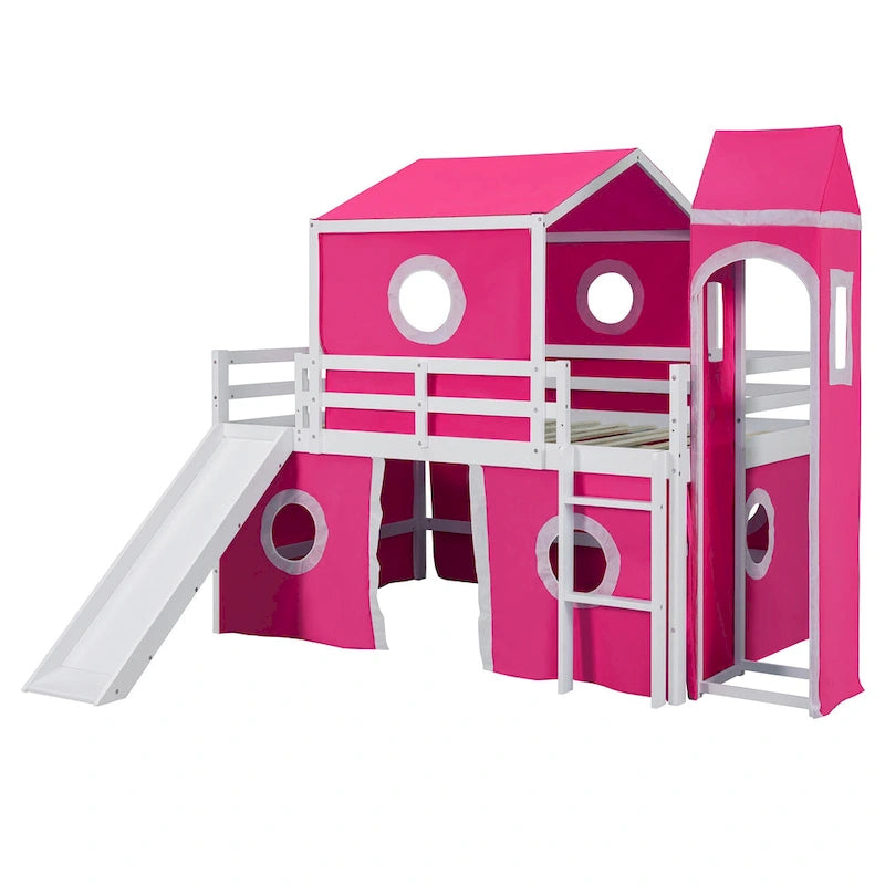 Lit mezzanine en bois massif avec toboggan, tour, échelle et barrière de sécurité pour chambre à coucher