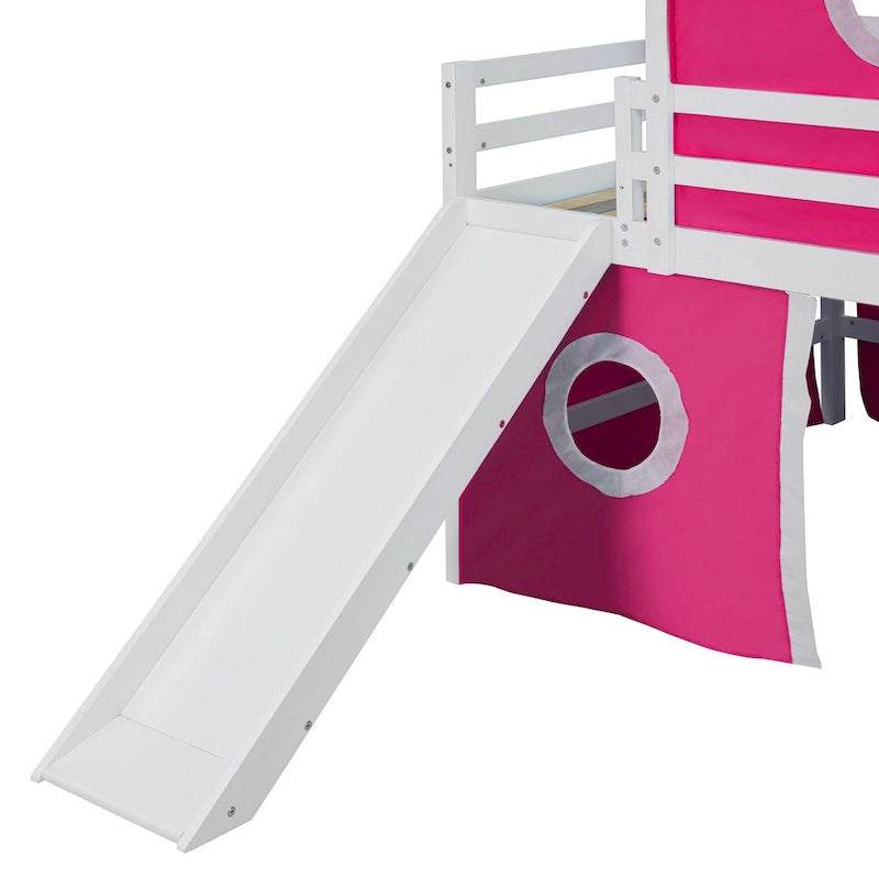Lit mezzanine en bois massif avec toboggan, tour, échelle et barrière de sécurité pour chambre à coucher
