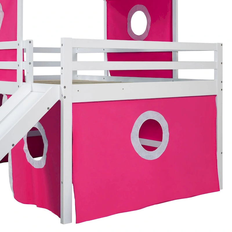 Lit mezzanine en bois massif avec toboggan, tour, échelle et barrière de sécurité pour chambre à coucher