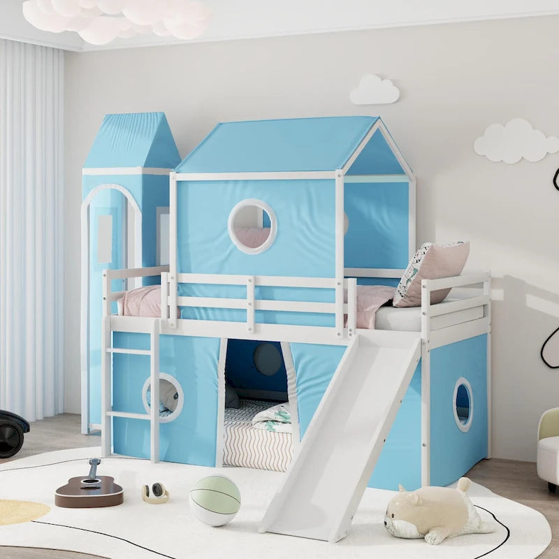 Lit mezzanine en bois massif avec toboggan, tour, échelle et barrière de sécurité pour chambre à coucher