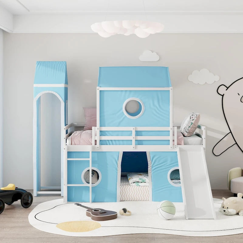 Lit mezzanine en bois massif avec toboggan, tour, échelle et barrière de sécurité pour chambre à coucher