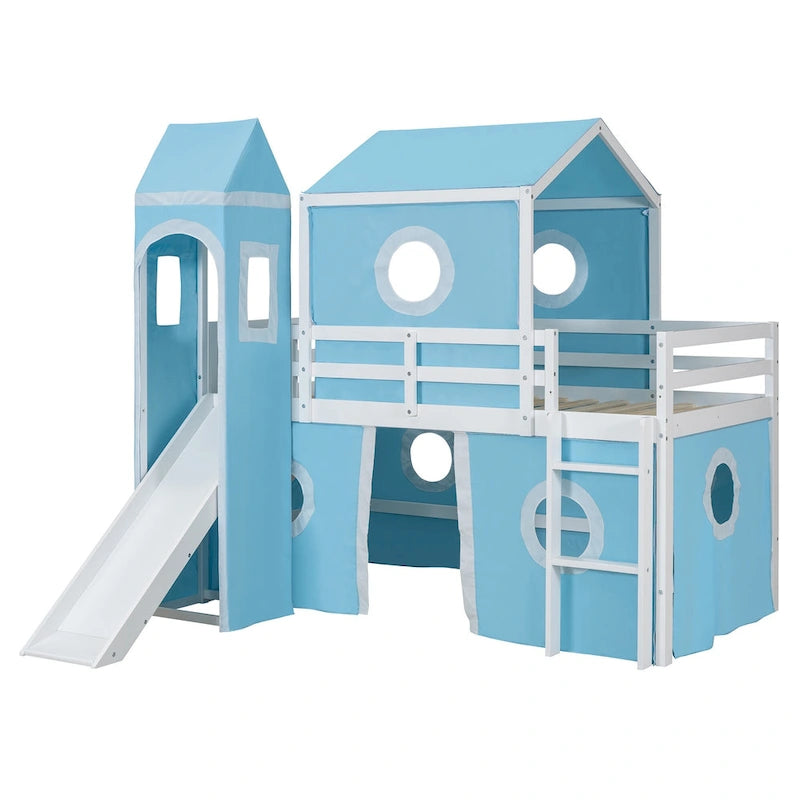 Lit mezzanine en bois massif avec toboggan, tour, échelle et barrière de sécurité pour chambre à coucher