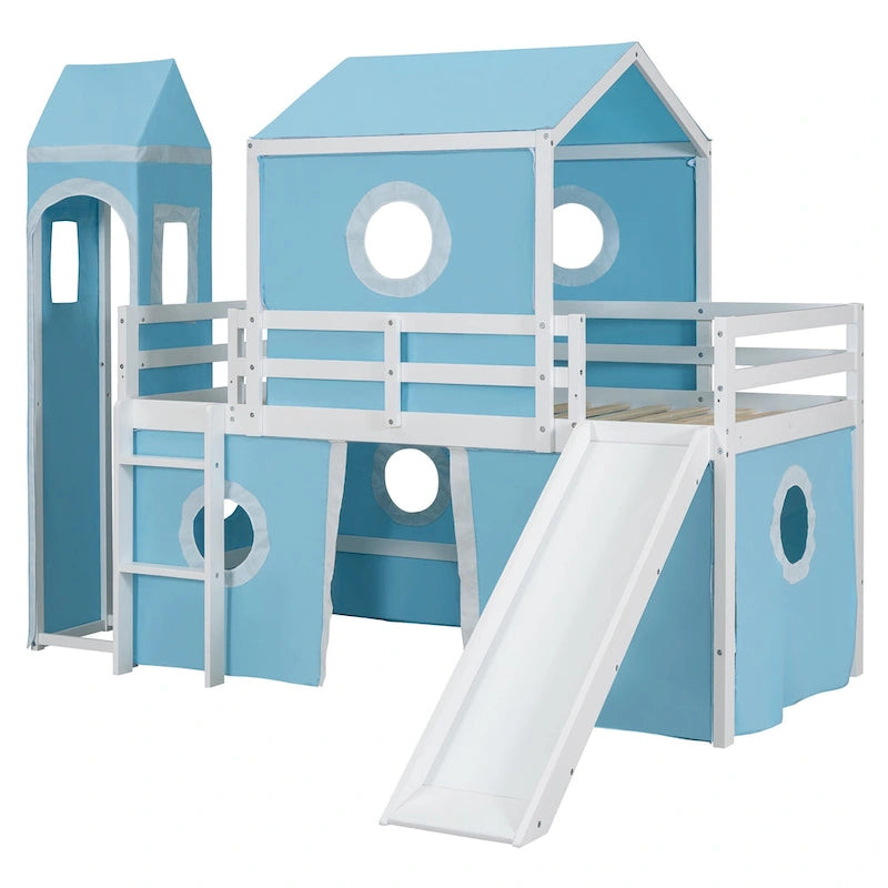 Lit mezzanine en bois massif avec toboggan, tour, échelle et barrière de sécurité pour chambre à coucher