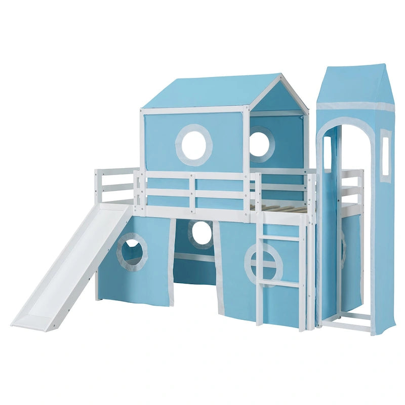 Lit mezzanine en bois massif avec toboggan, tour, échelle et barrière de sécurité pour chambre à coucher