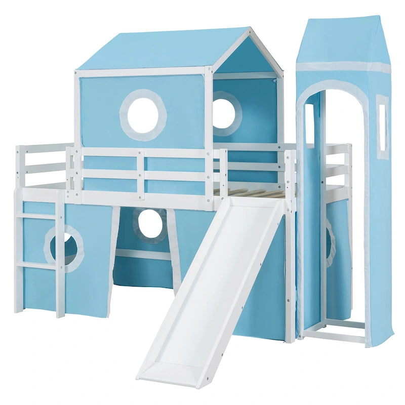 Lit mezzanine en bois massif avec toboggan, tour, échelle et barrière de sécurité pour chambre à coucher