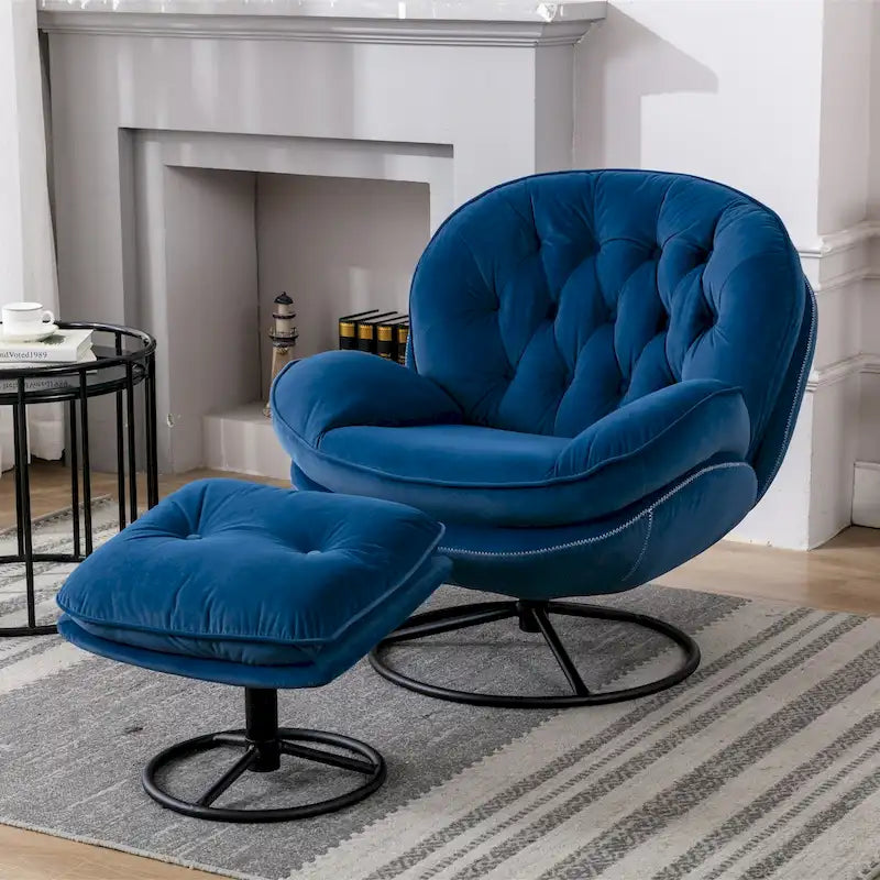 Fauteuil pivotant bleu moderne 31,73, capitonné, à boutons, avec repose-pieds et pieds en métal noir