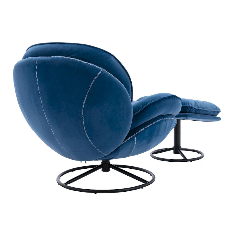 Fauteuil pivotant bleu moderne 31,73, capitonné, à boutons, avec repose-pieds et pieds en métal noir