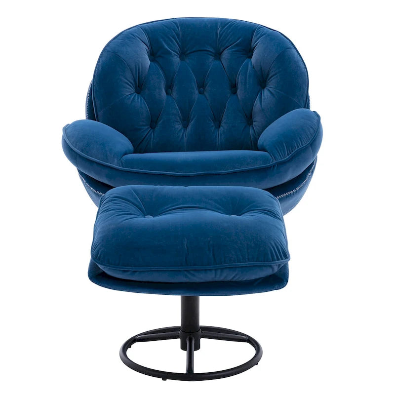 Fauteuil pivotant bleu moderne 31,73, capitonné, à boutons, avec repose-pieds et pieds en métal noir