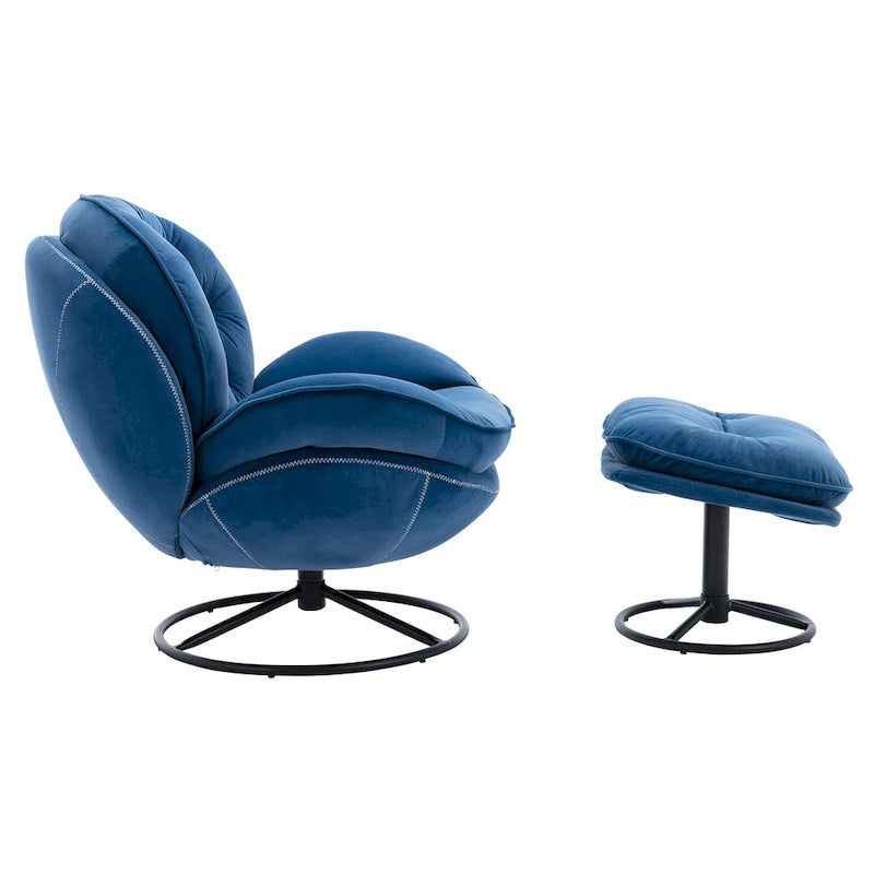 Fauteuil pivotant bleu moderne 31,73, capitonné, à boutons, avec repose-pieds et pieds en métal noir