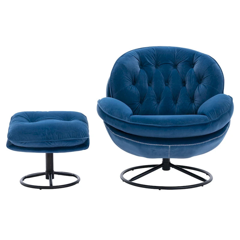 Fauteuil pivotant bleu moderne 31,73, capitonné, à boutons, avec repose-pieds et pieds en métal noir